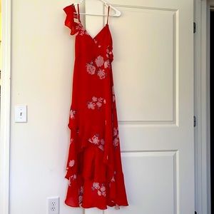 Lulus Lucky In Bloom Red Floral Cold Shoulder Maxi High Low Dress. Size Sm.